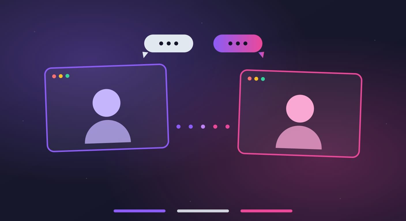Duas janelas de video chat com balões de conversa entre elas, em violeta e rosa sobre fundo escuro.