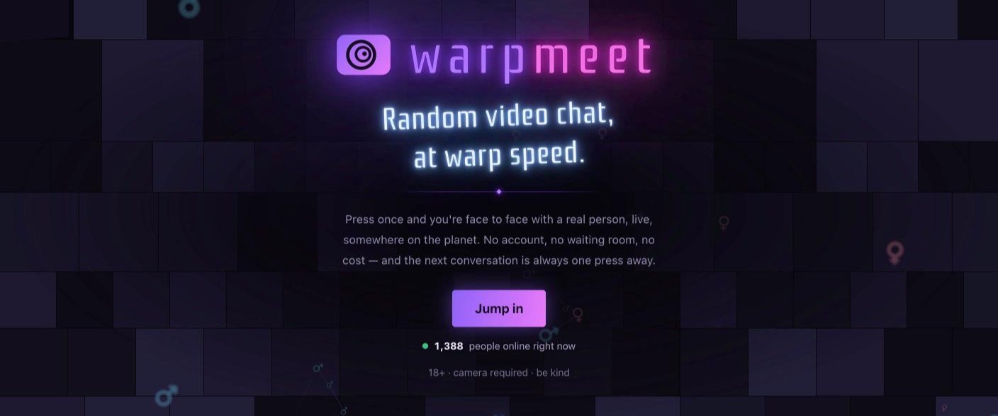 The WarpMeet neon sign lit in violet and magenta over a dark tiled backdrop, with the tagline "Random video chat, at warp speed."