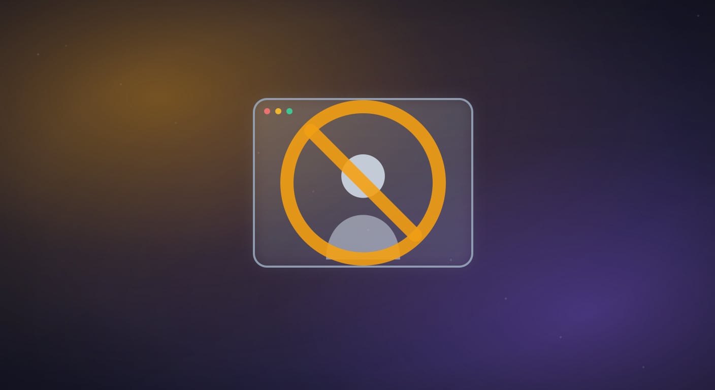 A video chat window behind an amber prohibition sign, illustrating a blocked network.